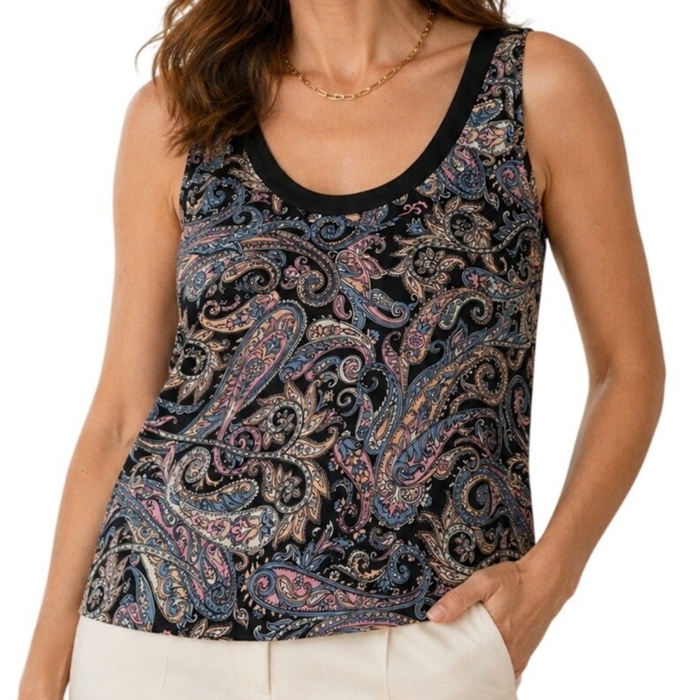 Diane Gilman Vintage Silk Tank Blouse Sleeveless Top Women Medium Black Paisley - Picture 8 of 8